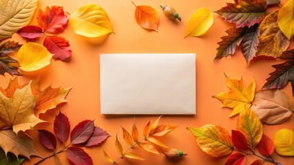 Autumnal Envelope with Colorful Leaves Bordering a Blank Card for a Seasonal Message