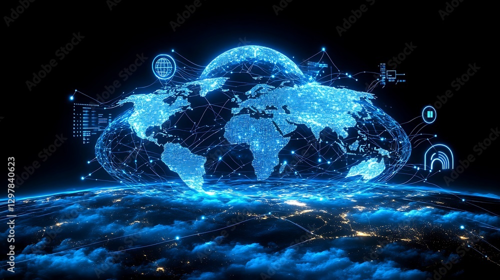 Aufkleber global cloud computing and connectivity, a digital representation of a cloud overlaid with a world m