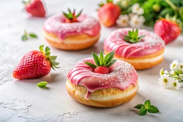 Delicious strawberry glazed donuts with fresh berries and mint garnish on a light surface