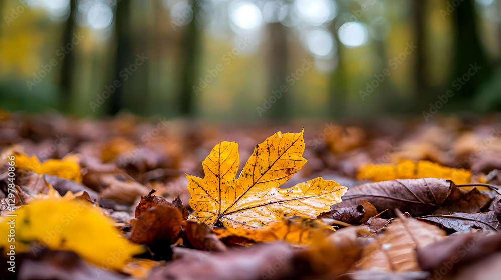 Poster close up view of golden autumn leaf on the forest floor with soft focus background