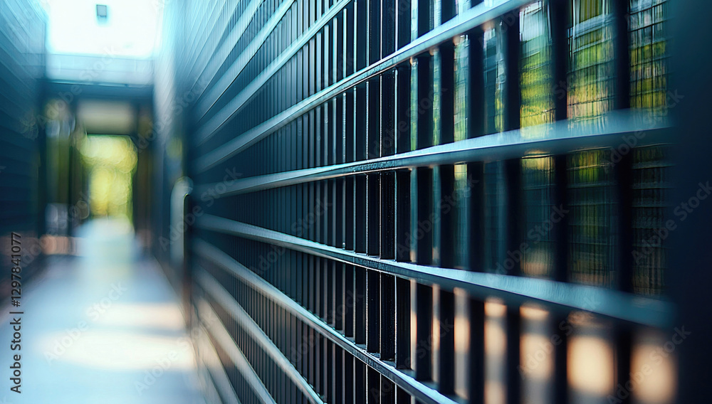 Poster close up view of metal fence with blurred background, creating sense of depth and perspective