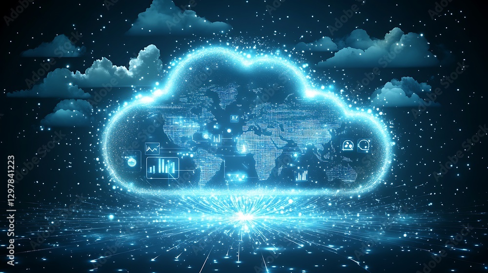 Aufkleber global cloud computing and connectivity, a digital representation of a cloud overlaid with a world m