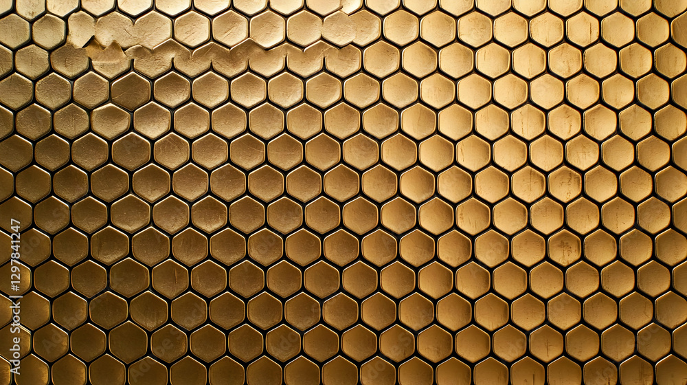 Aufkleber Golden Honeycomb Pattern Background Illuminated With Light And Repeating Hexagon Shapes