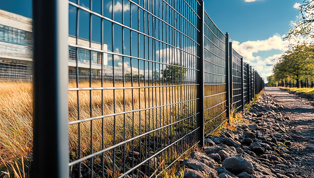 nice metal fence surrounds grassy area along rocky path, creating serene atmosphere