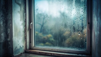 Naklejka premium A Window Pane Veiled in Misty Condensation, Revealing a Blurred Outdoor Scene Through Water Droplets