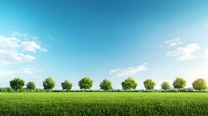 Obraz premium Panoramic View Of A Green Field With Row Of Trees Under Bright Blue Sky With Sunlight