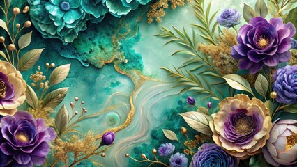 Fototapeta premium Opulent Floral Arrangement with Teal and Gold Accents, Luxurious Botanical Design Featuring Intricate Petals and Leaves
