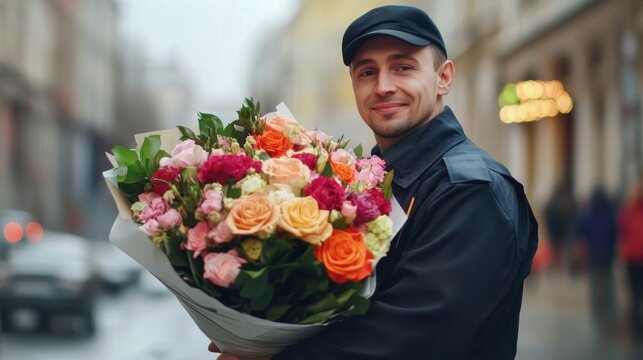 Courier delivers a stunning bouquet of fresh flowers in a bustling urban area on a rainy day. Generative AI - Powered by Adobe