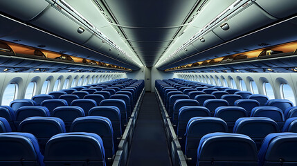Fototapeta premium Airplane Interior View Featuring Blue Seats and Overhead Compartments Under Artificial Lighting