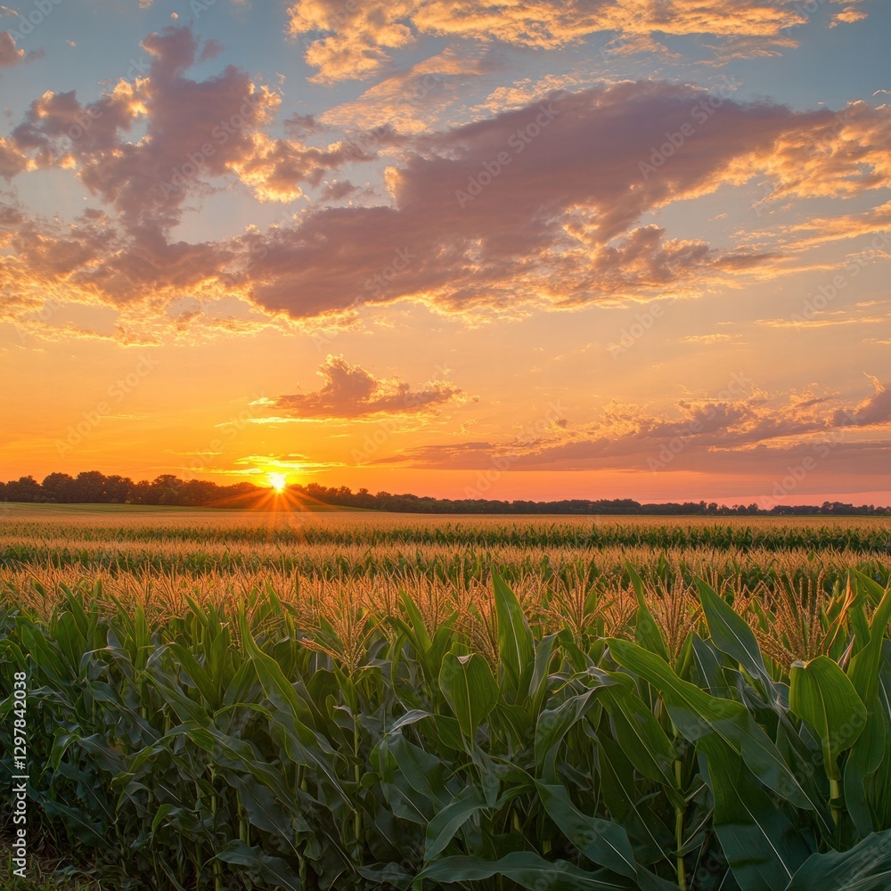 Poster golden sunset over sprawling cornfield with vibrant clouds in the evening sky. generative ai