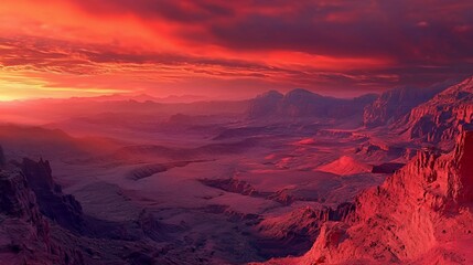 Fiery Red Sunset Over a Dramatic Desert Mountain Landscape