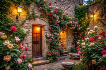 Fototapeta premium Enchanted Courtyard with Blooming Roses and Glowing Lanterns, a Serene Evening Scene