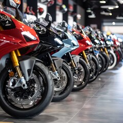 A stunning lineup of sleek motorcycles in a modern showroom, showcasing a variety of colors and designs.