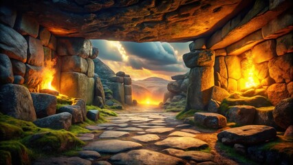 Ancient Stone Passageway Illuminated by Sunset's Golden Glow, Leading to a Mystical Destination