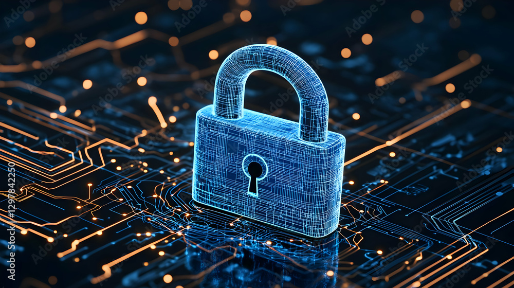 Poster blue digital padlock over circuit board representing data security and protection in dark background