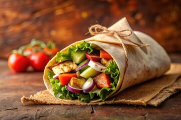 A Delicious and Healthy Wrap Filled with Fresh Vegetables and Grilled Protein, Tied with Rustic Twine, Rests on a Wooden Surface