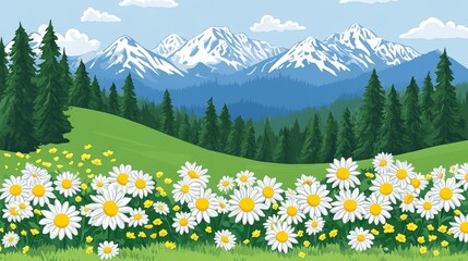 Pixelated mountain vista with daisies wildflowers landscape featuring retro gaming aesthetic and crisp mountain backdrop vector drawing