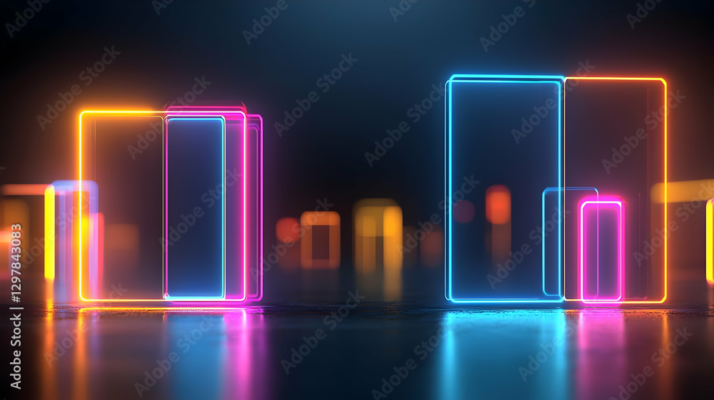 Poster abstract neon light display with geometric shapes and glowing illumination in a dark environment