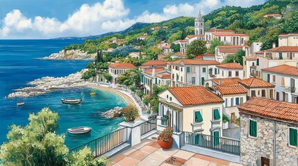 Scenic mediterranean coastal town vista with blue ocean clear skies terracotta rooftops and charming architecture tranquil vacation destination