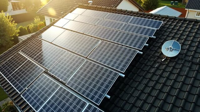 Aerial view of solar panels on a rooftop, showcasing renewable energy technology in a sunny, eco-friendly home setting.