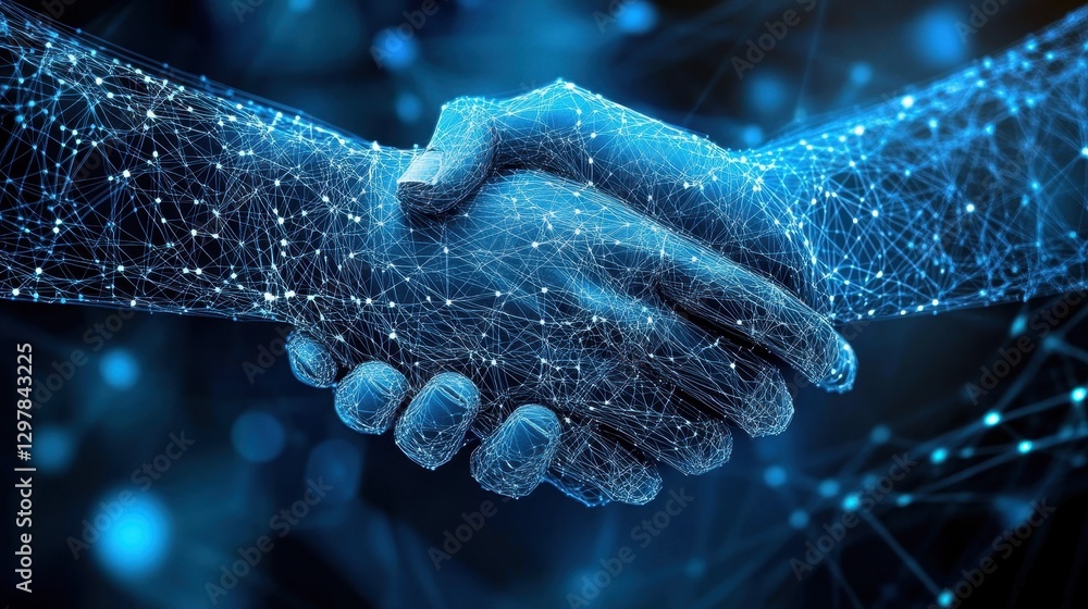 Aufkleber digital representation of a handshake symbolizing partnership and innovation in a high-tech environm