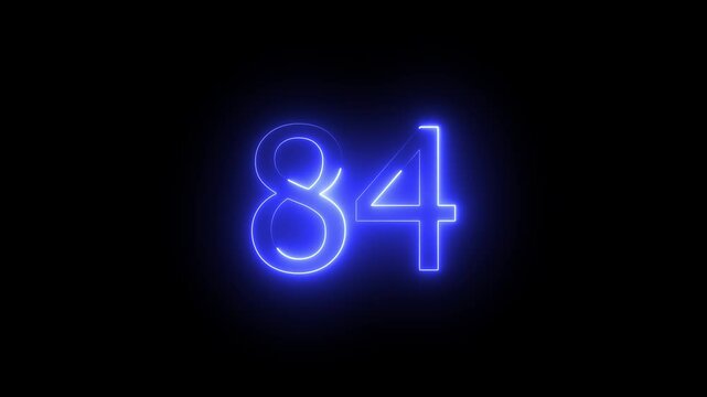 Glowing neon animated number 84. one -color looping trendy glowing neon numeric number 84.Neon number 84 with alpha channel.