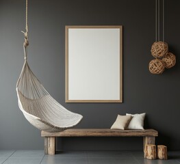 Empty frame hanging above wooden bench in a dark room with a hammock