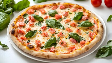 delicious salmon pizza with fresh basil