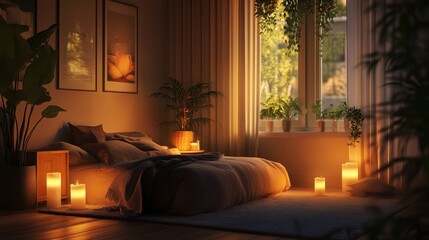 Cozy bedroom ambiance with candles, plants, and warm lighting for a relaxing atmosphere at home