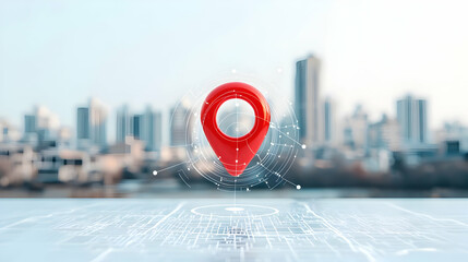 Red Location Pin Symbol with Digital Circuitry Overlay and Blurred City Background