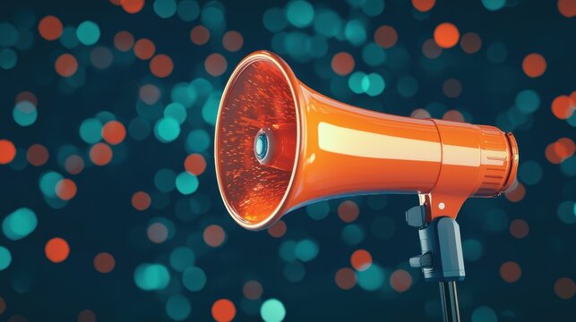 Vibrant orange megaphone against a colorful bokeh background for communication and announcement themes