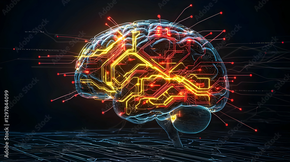Aufkleber digital brain artwork illuminating circuitry and data flow against a dark blue background