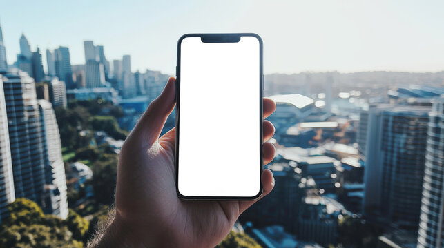 A white man is looking at his phone with a white blank screen. A phone mockup against the background of a modern city. A busy city can be seen in the background, and the sky is clear and blue
