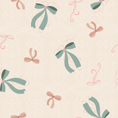 Seamless vintage pattern in shabby chic style. Elegant floral motif, nostalgic roses and bows, delicate pastel colors. Vector