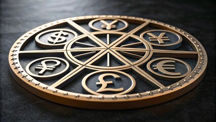 Fototapeta premium Golden emblem featuring various international currency symbols on a dark textured surface