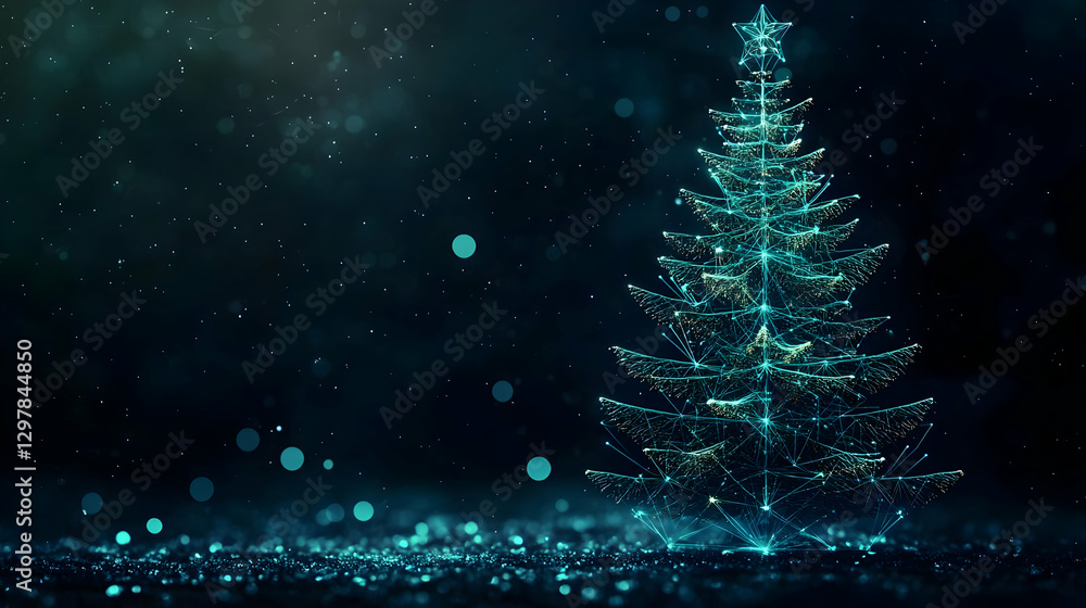 Poster abstract illuminated christmas tree against dark blue background with sparkling bokeh and glitter di