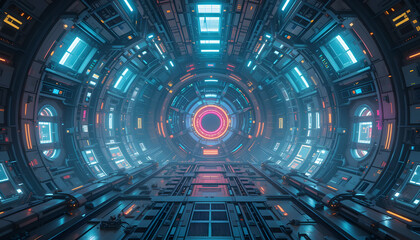 Digital technology background _ glowing digital data streams in the center of abstract futuristic space tunnel or dark corridor with light particles 