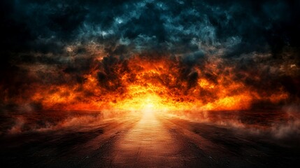 Fiery Sunset Dramatic Sky with Dark Clouds and Glowing Road