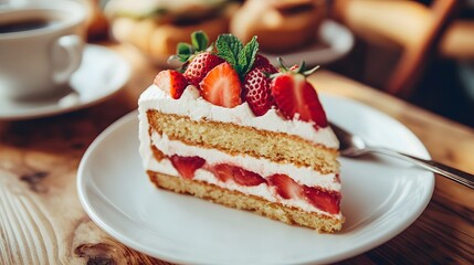 delicious strawberry cake slice on white plate