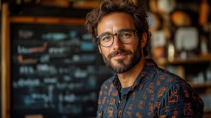 Obraz premium Portrait of a Handsome Man with Glasses in a Coffee Shop