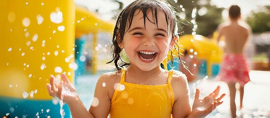 Playful Caucasian girl enjoying summer fun at a splash pad.