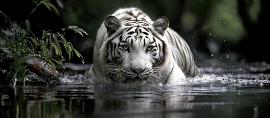 Ethereal black and white portrayal of a tiger in its aquatic habitat © Pinit