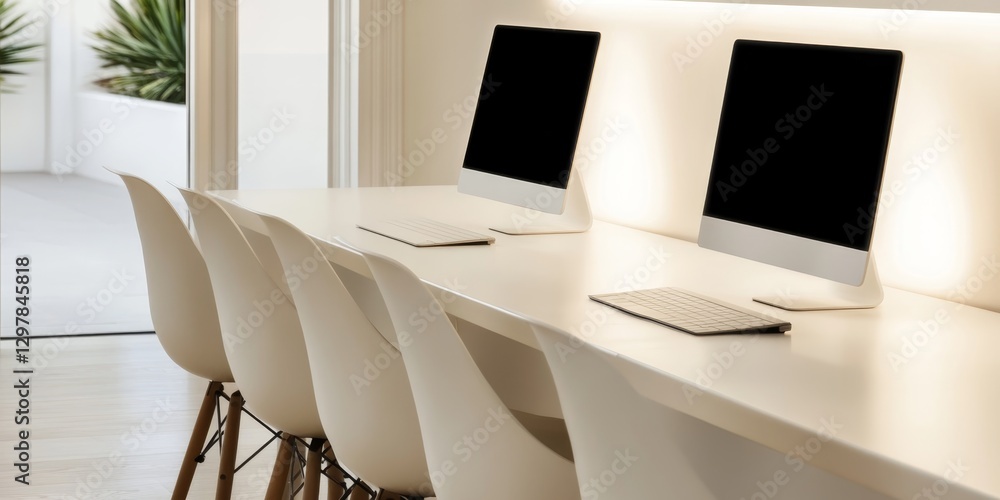 Poster modern office workspace with sleek computers and minimalist design, showcasing an inviting atmospher