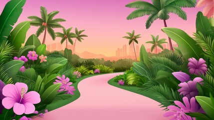 Obraz premium Enchanting tropical pathway with blooming hibiscus palms and a dreamy pink atmosphere perfect for serenity vacations and fantasy destinations