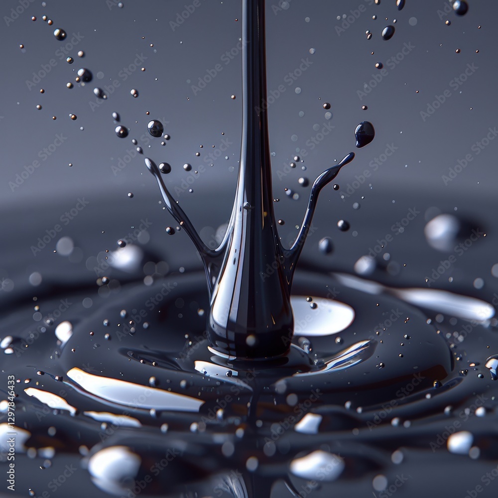 Poster striking close-up of a single dark liquid droplet impacting a surface, creating a captivating splash