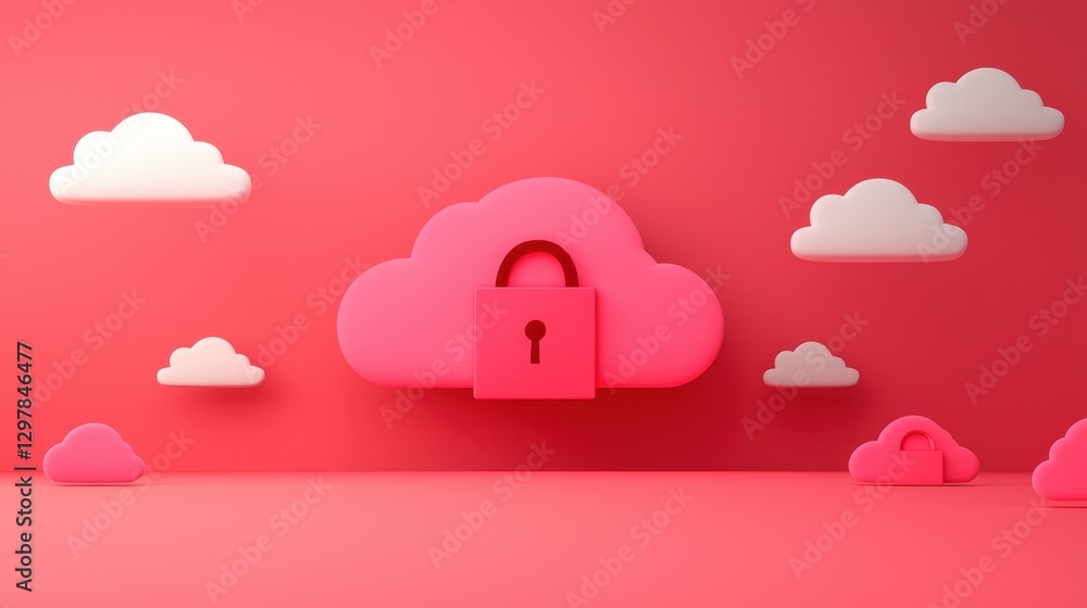 Poster secure cloud storage concept with lock and colorful clouds in bright pink background for modern tech
