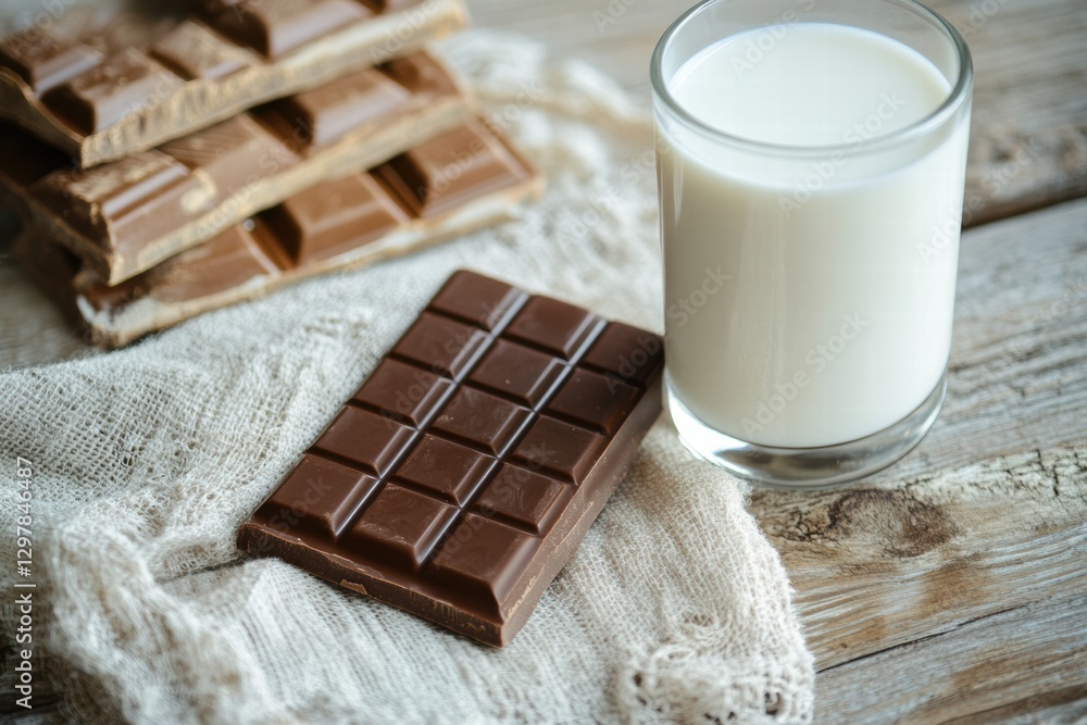 Poster chocolate bars and a glass of milk on a rustic wooden table during a cozy afternoon snack time. gene