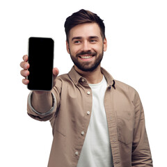  Smiling man with a beard, beige shirt, and white t-shirt holding a smartphone with its screen facing the viewer, isolated on transparent background PNG  