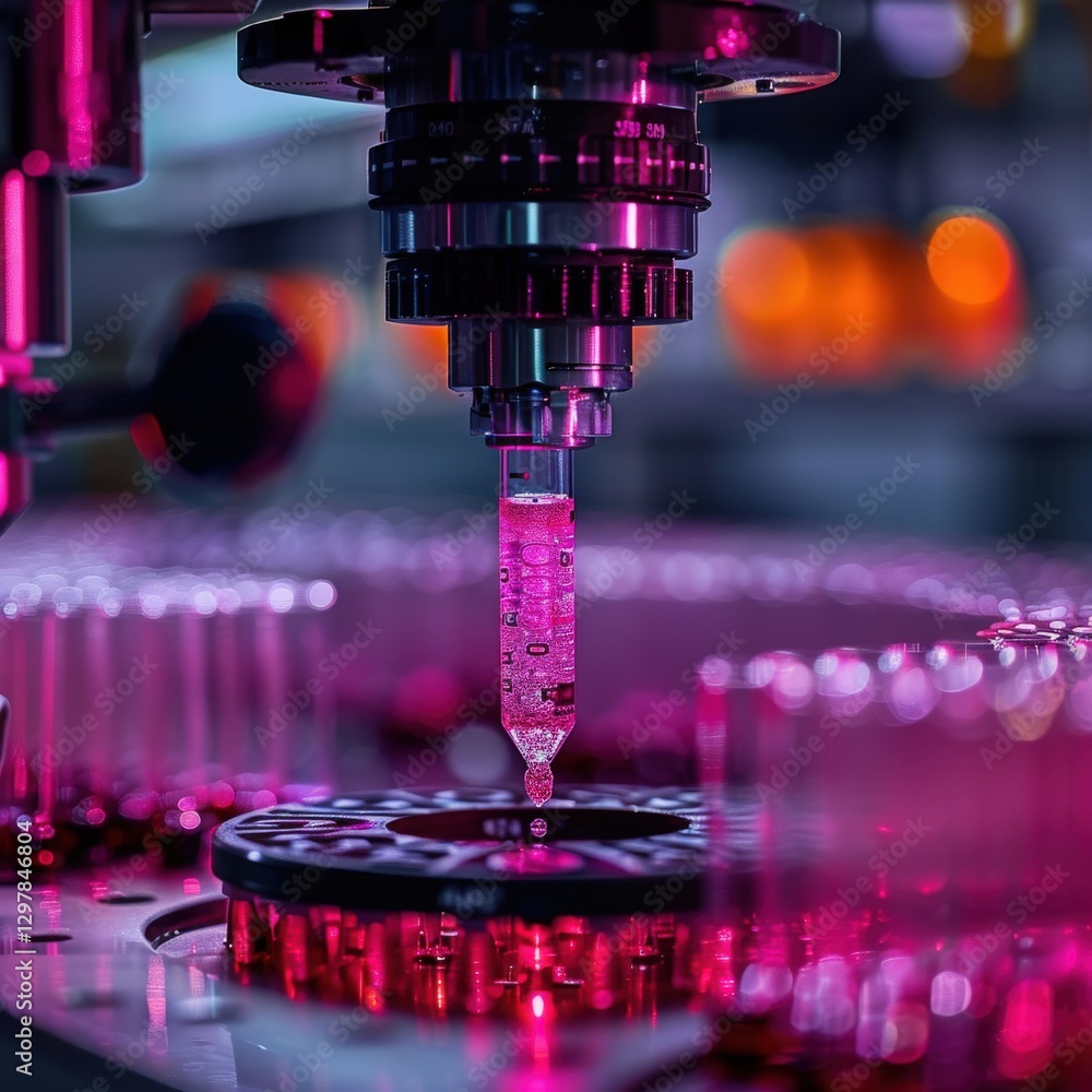 Poster close-up of automated liquid handling in a scientific laboratory, showcasing precision and technolog