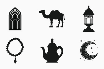 Islamic festival and traditional silhouette elements set in black and white isolated flat vector illustration for ramadan and eid